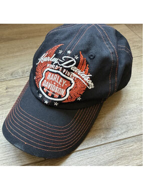 Harley Davidson Womens Rhinestone Hat Black Red Embroidered Flame Logo Biker Cap